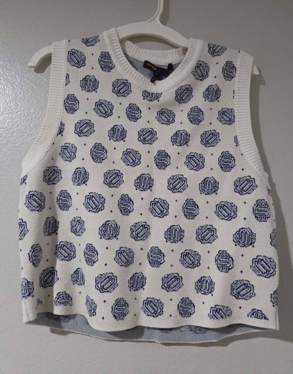 Maje White Knit Tank Top with Navy Medallion Print